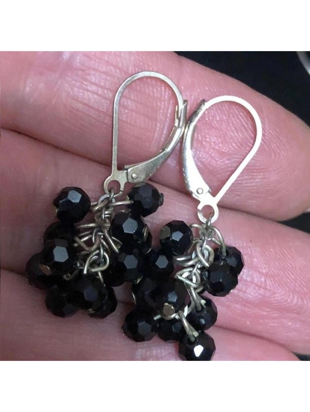 B0604 Sterling Silver Cluster Dangle Earrings Black Faceted 1.25" leaverback